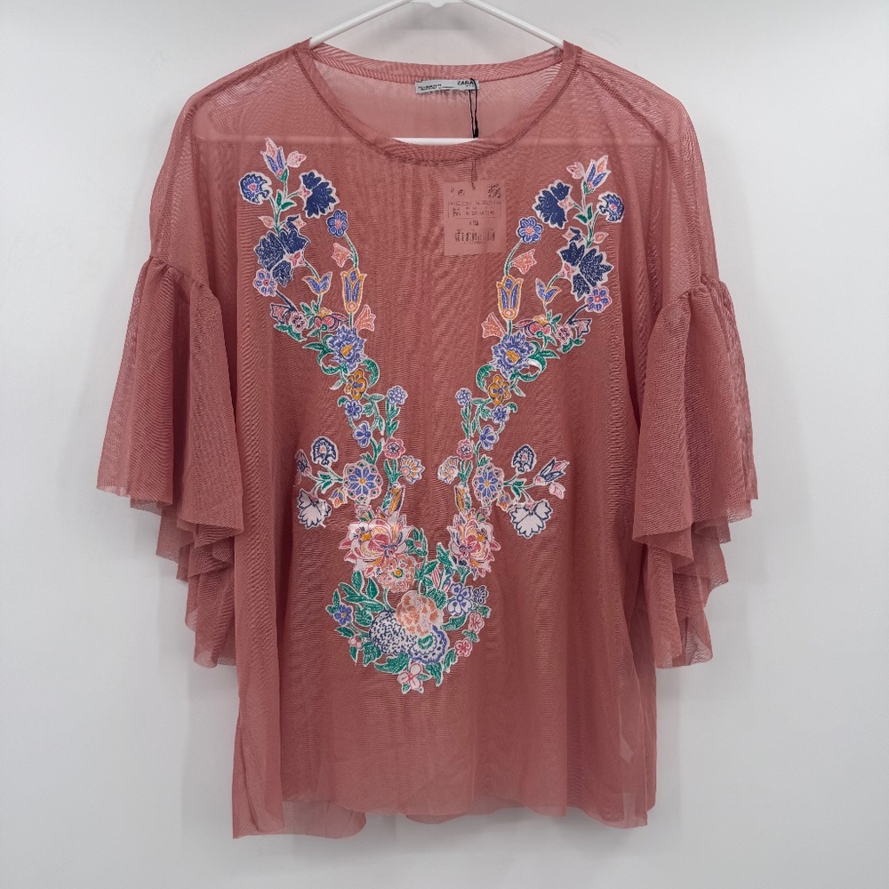 Zara Top Women Medium NEW Mesh Sheer Floral Fairy Whimsy Cottage Coquette Boho - Picture 1 of 11